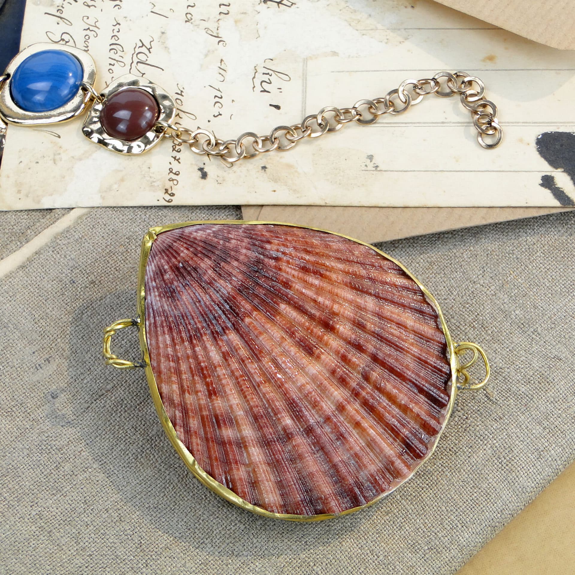 Pudełko na pierścionek, muszla różowa, mosiądz, vintage - 262087