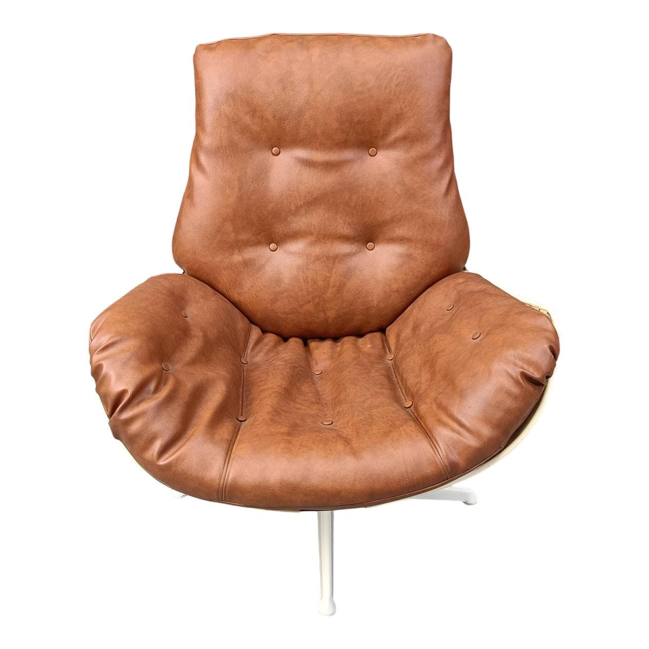 Fotel obrotowy Space Age, skóra brązowa, włókno szklane kremowe, metal biały, Niemcy, lata 60.