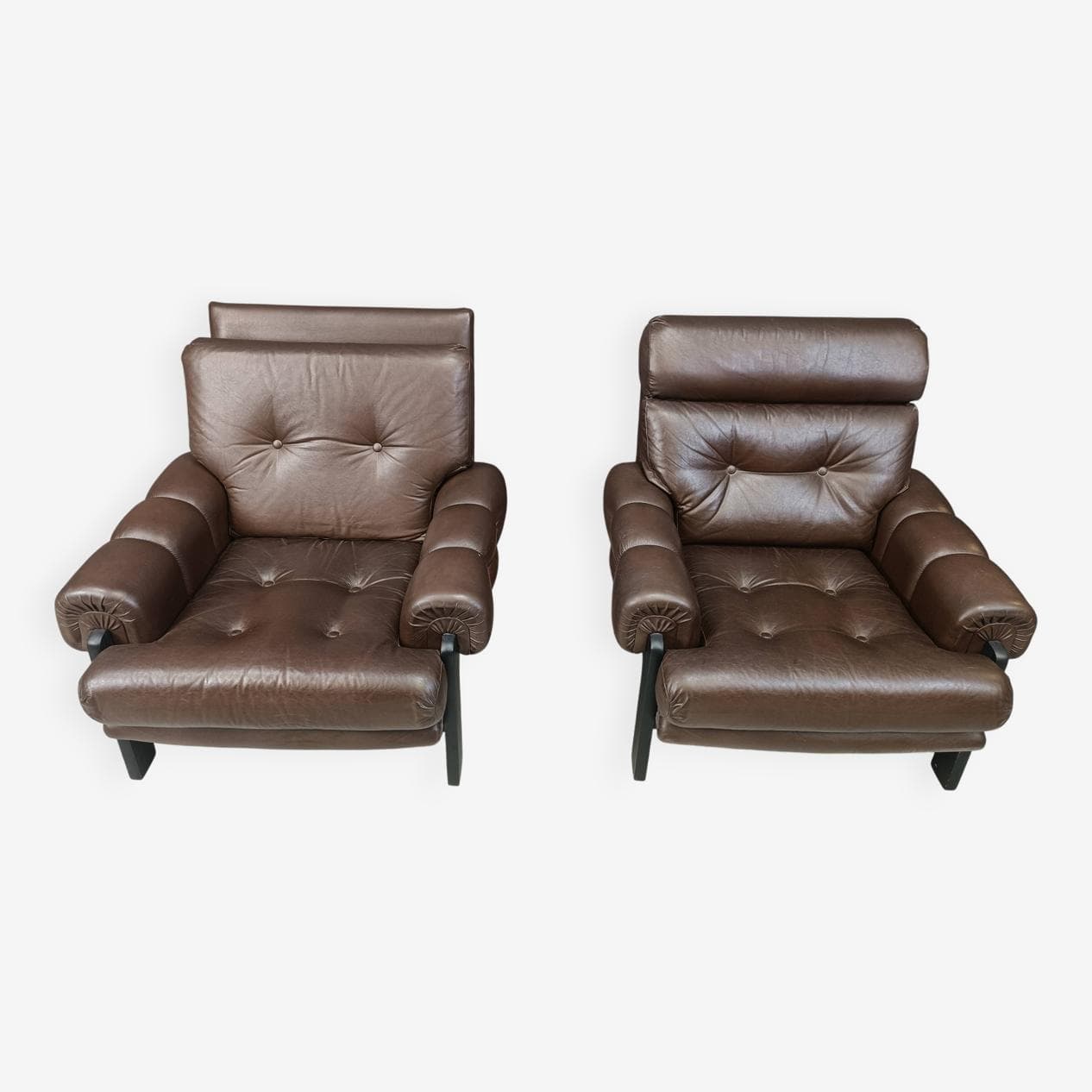 Para foteli, skóra brązowa, drewno czarne, Dania, lata 60. - 267138