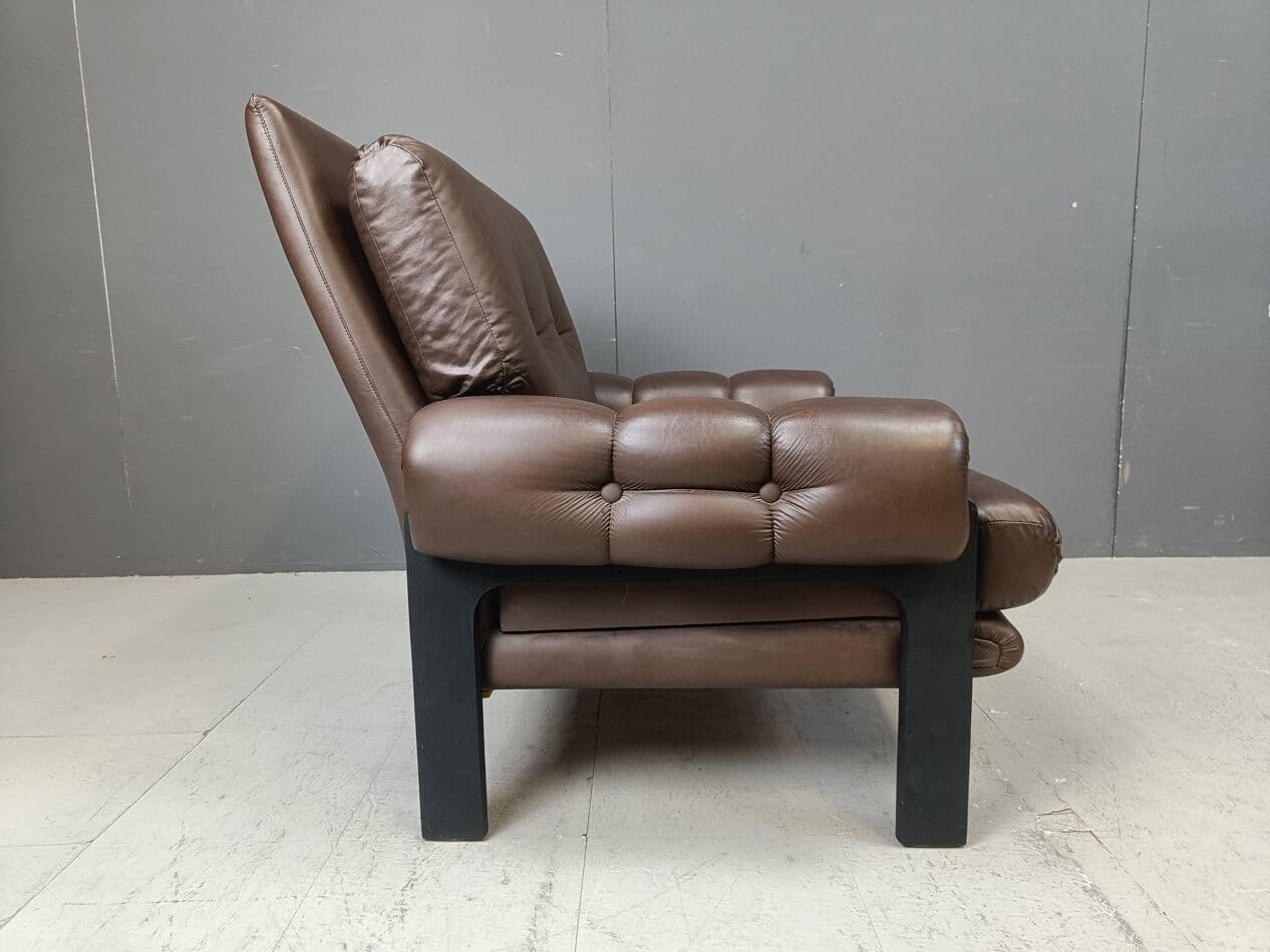 Para foteli, skóra brązowa, drewno czarne, Dania, lata 60. - 267145