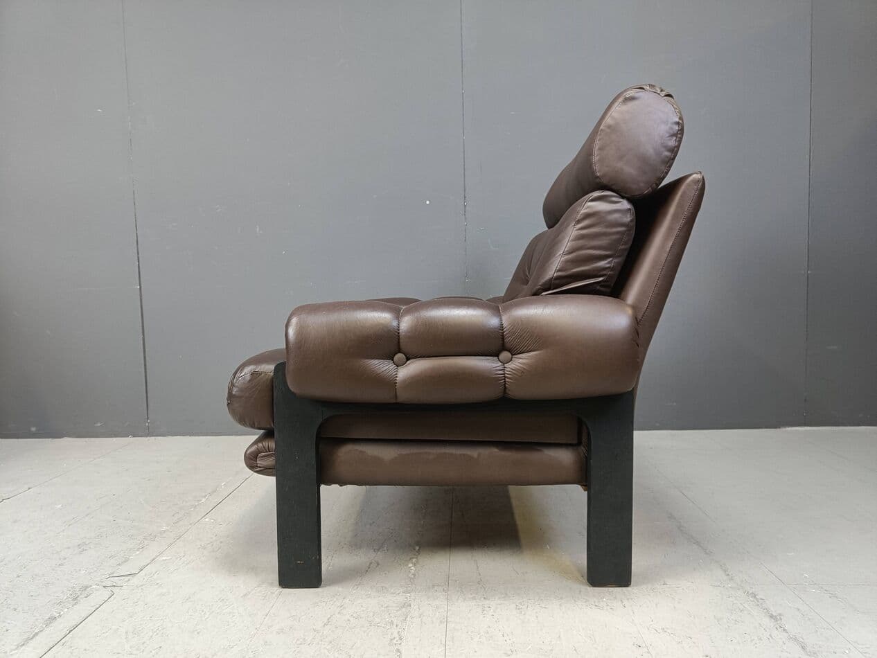 Para foteli, skóra brązowa, drewno czarne, Dania, lata 60. - 267135