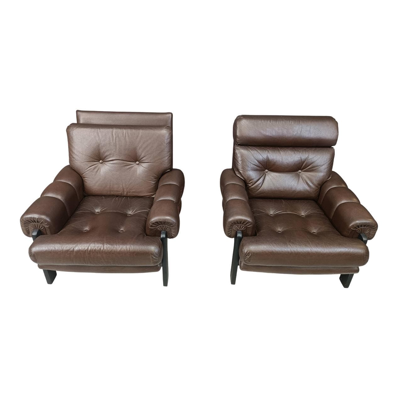 Para foteli, skóra brązowa, drewno czarne, Dania, lata 60.