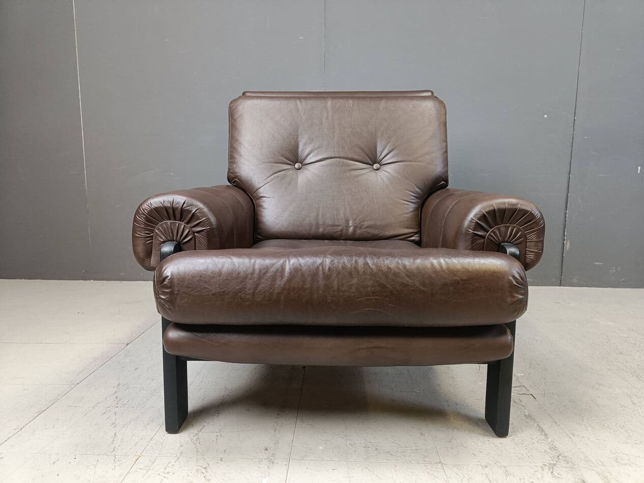 Para foteli, skóra brązowa, drewno czarne, Dania, lata 60. - 267133