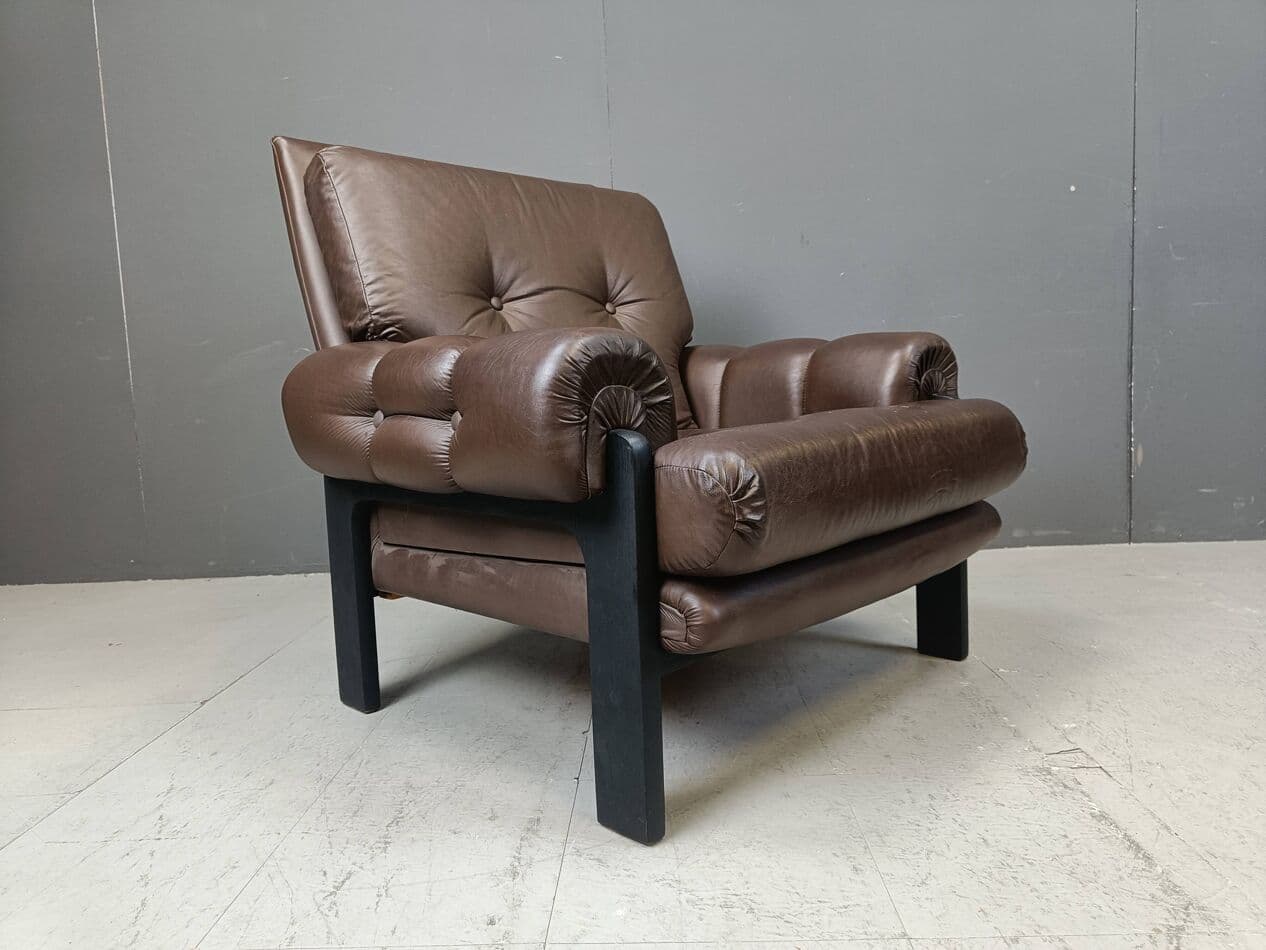 Para foteli, skóra brązowa, drewno czarne, Dania, lata 60. - 267146