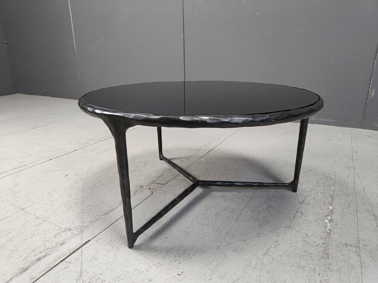 Coffee table Brutalist, graphite steel, black glass, Belgium, 1970s. - 267115