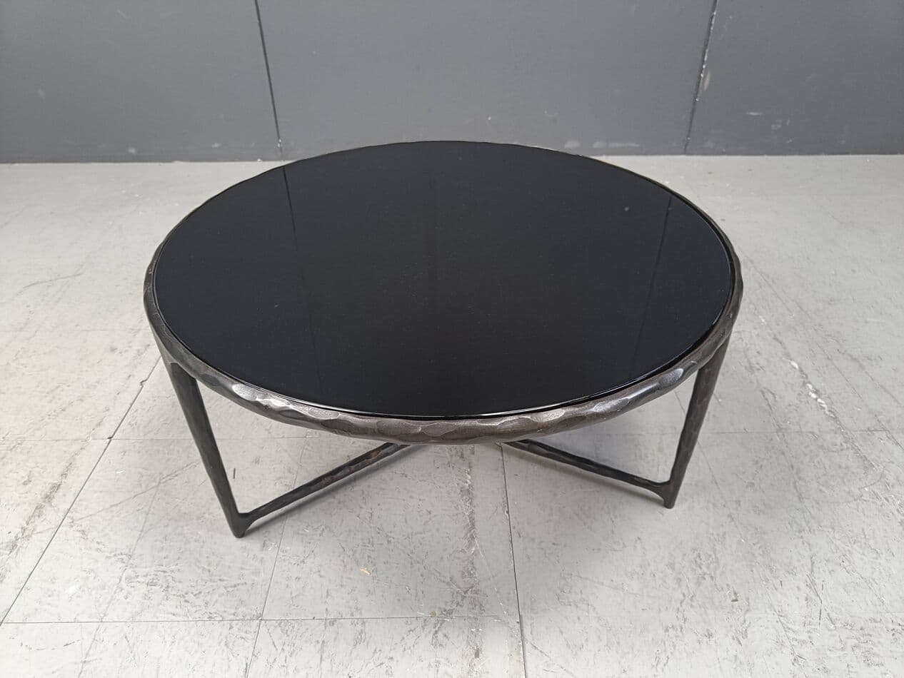 Coffee table Brutalist, graphite steel, black glass, Belgium, 1970s. - 267109