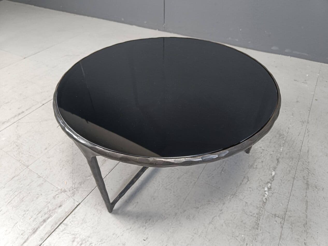 Coffee table Brutalist, graphite steel, black glass, Belgium, 1970s. - 267114