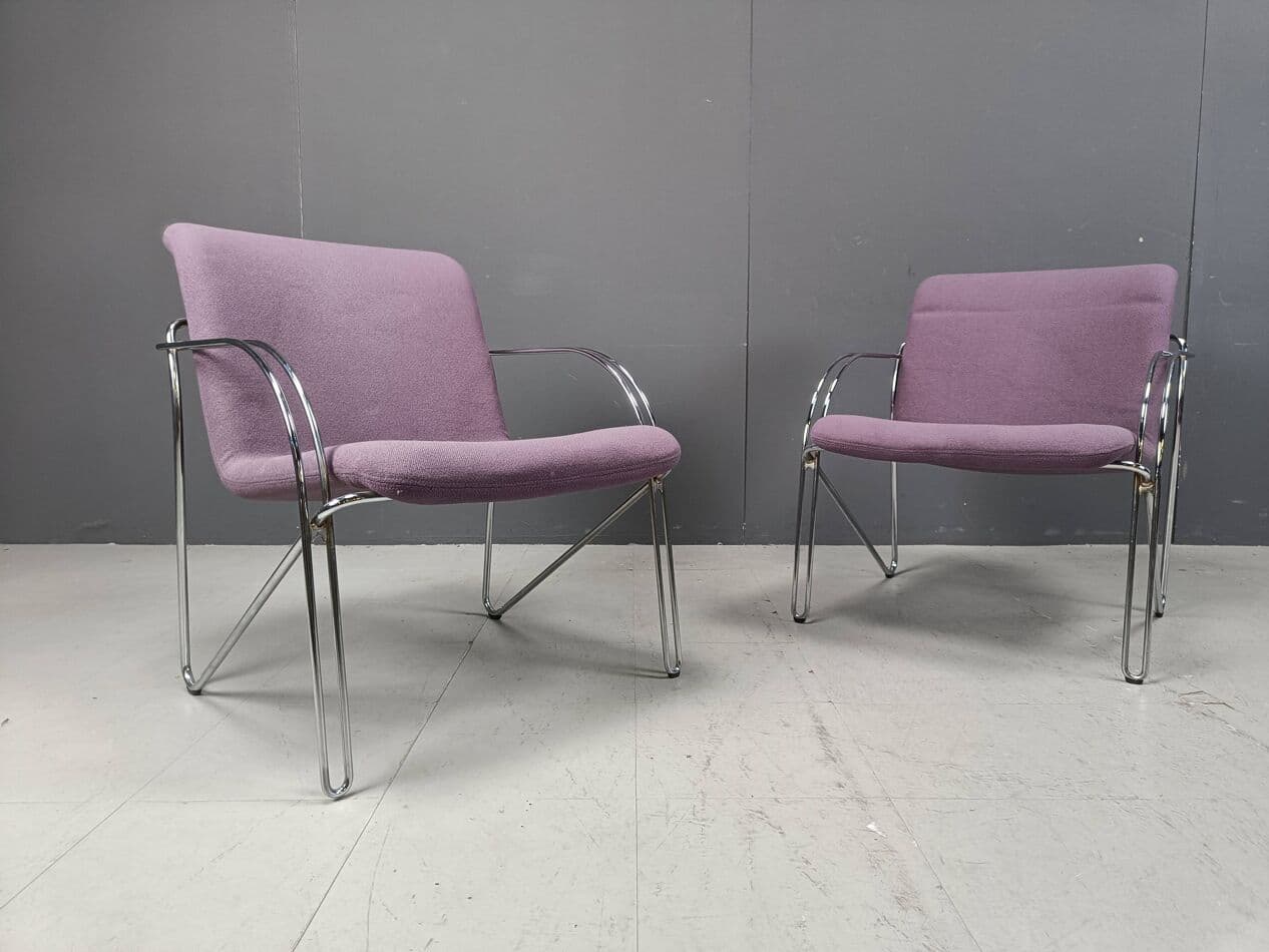 Zestaw pięciu foteli z podłokietnikami, fioletowa tkanina, chrom, proj. A. Hofmann, Gispen/Labofa, Holandia, lata 70. - 267103
