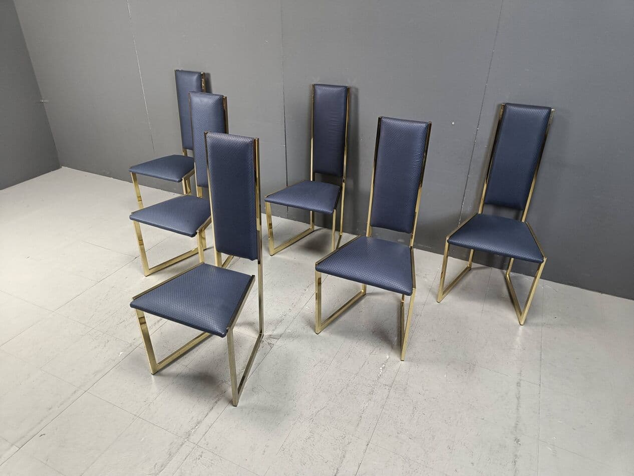 Set of six dining chairs, blue faux leather, gold brass, Belgium, 1970s. - 267088