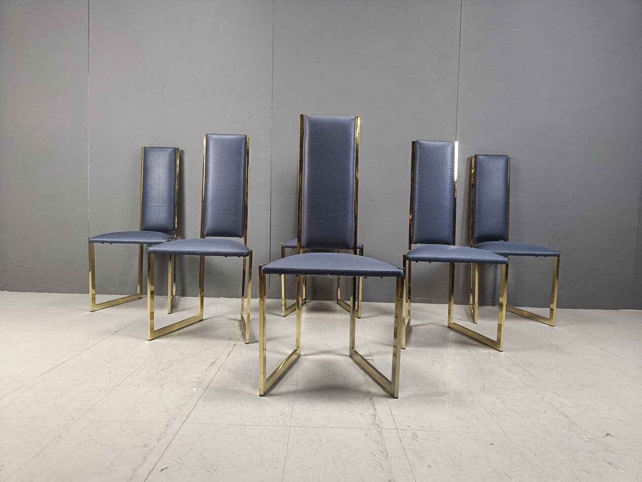 Set of six dining chairs, blue faux leather, gold brass, Belgium, 1970s. - 267087