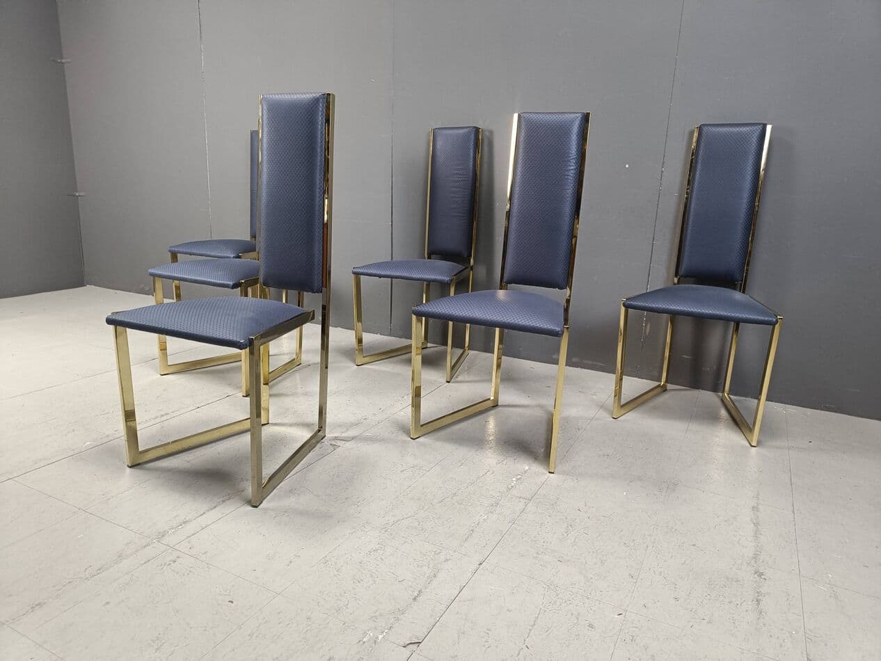 Set of six dining chairs, blue faux leather, gold brass, Belgium, 1970s. - 267090