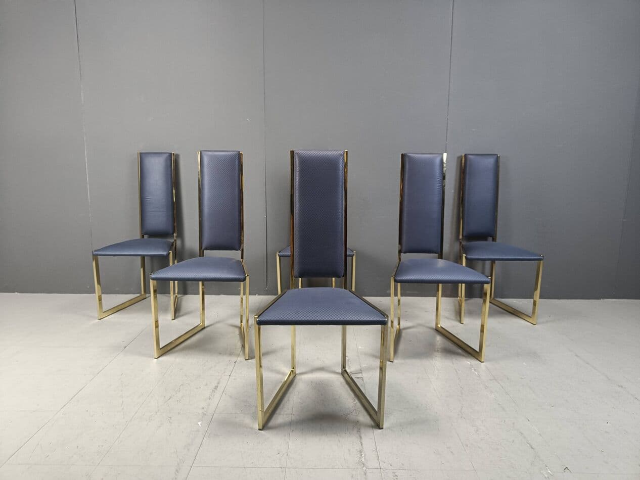 Set of six dining chairs, blue faux leather, gold brass, Belgium, 1970s. - 267086