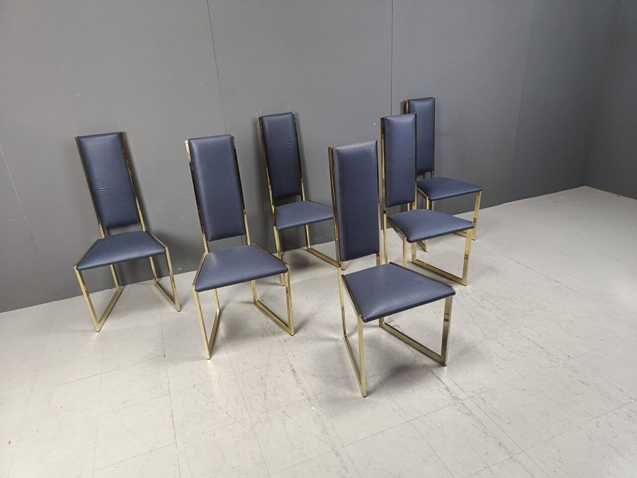 Set of six dining chairs, blue faux leather, gold brass, Belgium, 1970s. - 267089