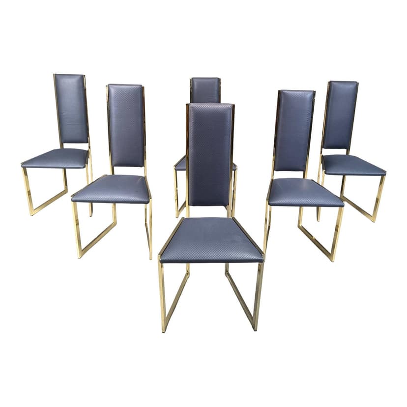 Set of six dining chairs, blue faux leather, gold brass, Belgium, 1970s.