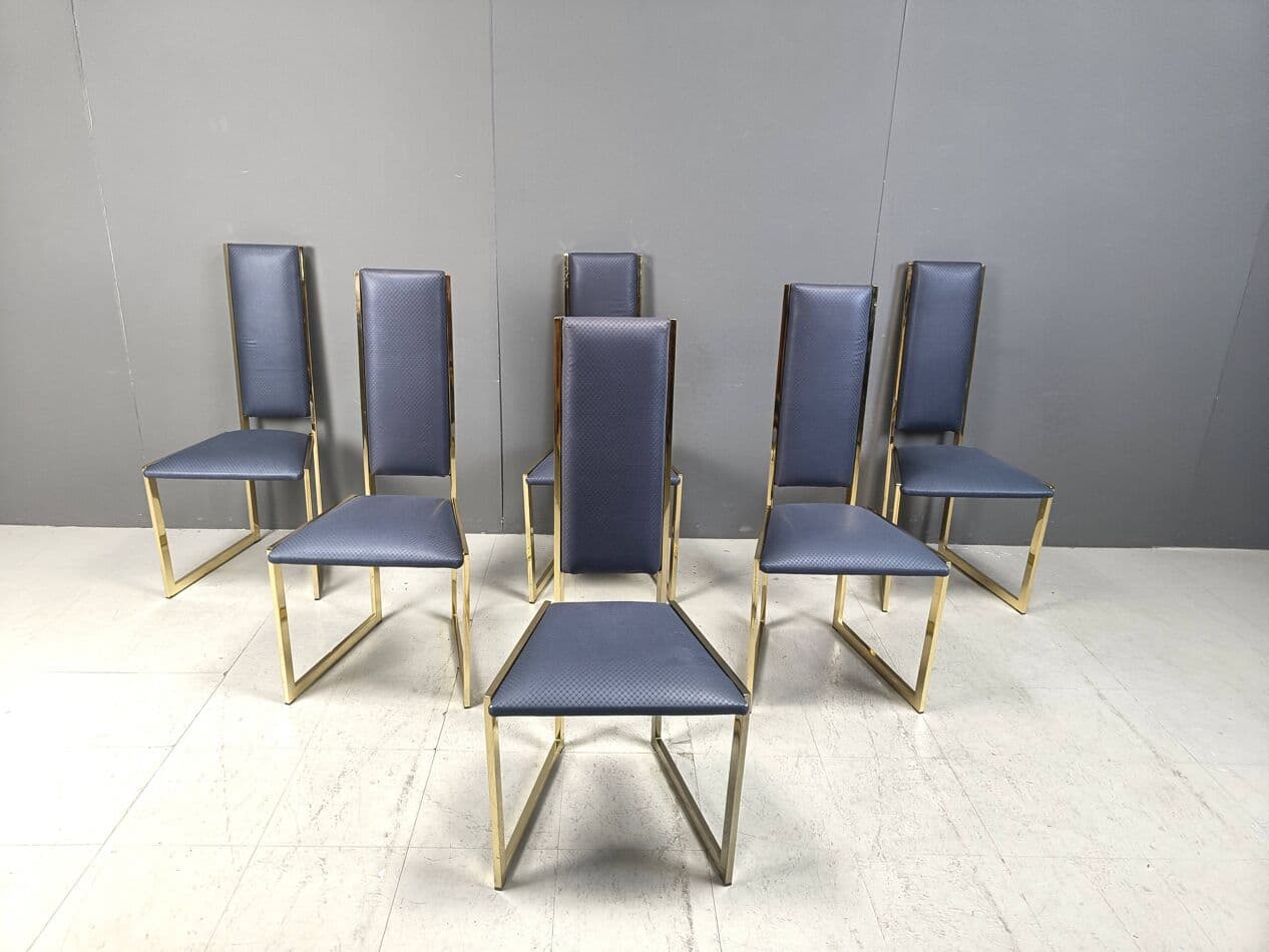 Set of six dining chairs, blue faux leather, gold brass, Belgium, 1970s. - 267093
