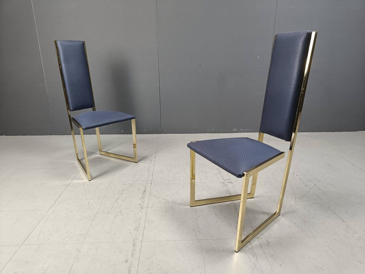 Set of six dining chairs, blue faux leather, gold brass, Belgium, 1970s. - 267091