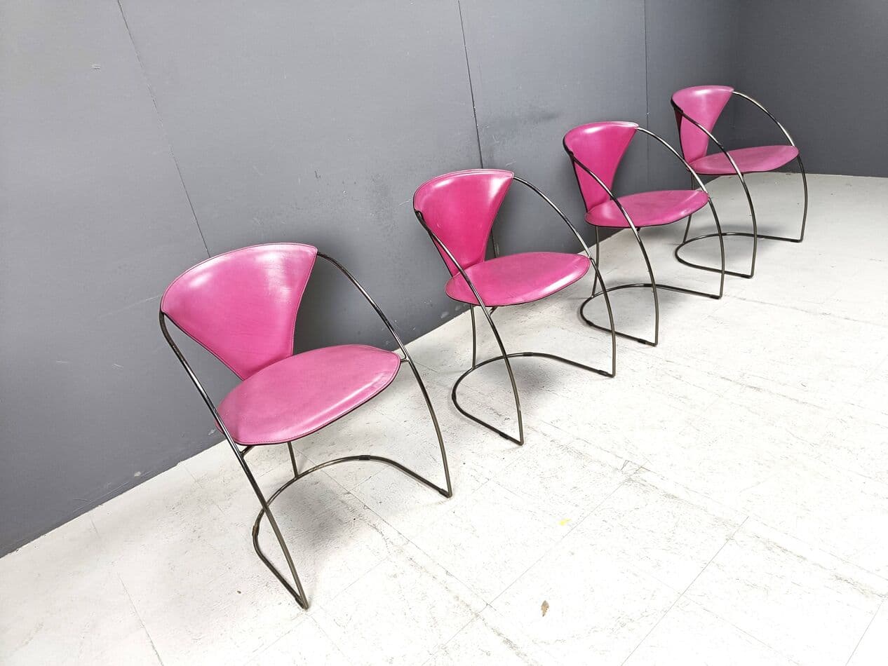 Zestaw czterech krzeseł Linda, skóra naturalna różowa, chrom, Arrben, Włochy, lata 80. - 267080