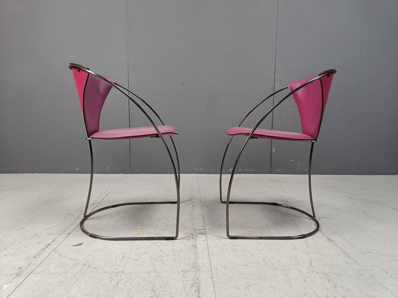 Zestaw czterech krzeseł Linda, skóra naturalna różowa, chrom, Arrben, Włochy, lata 80. - 267084