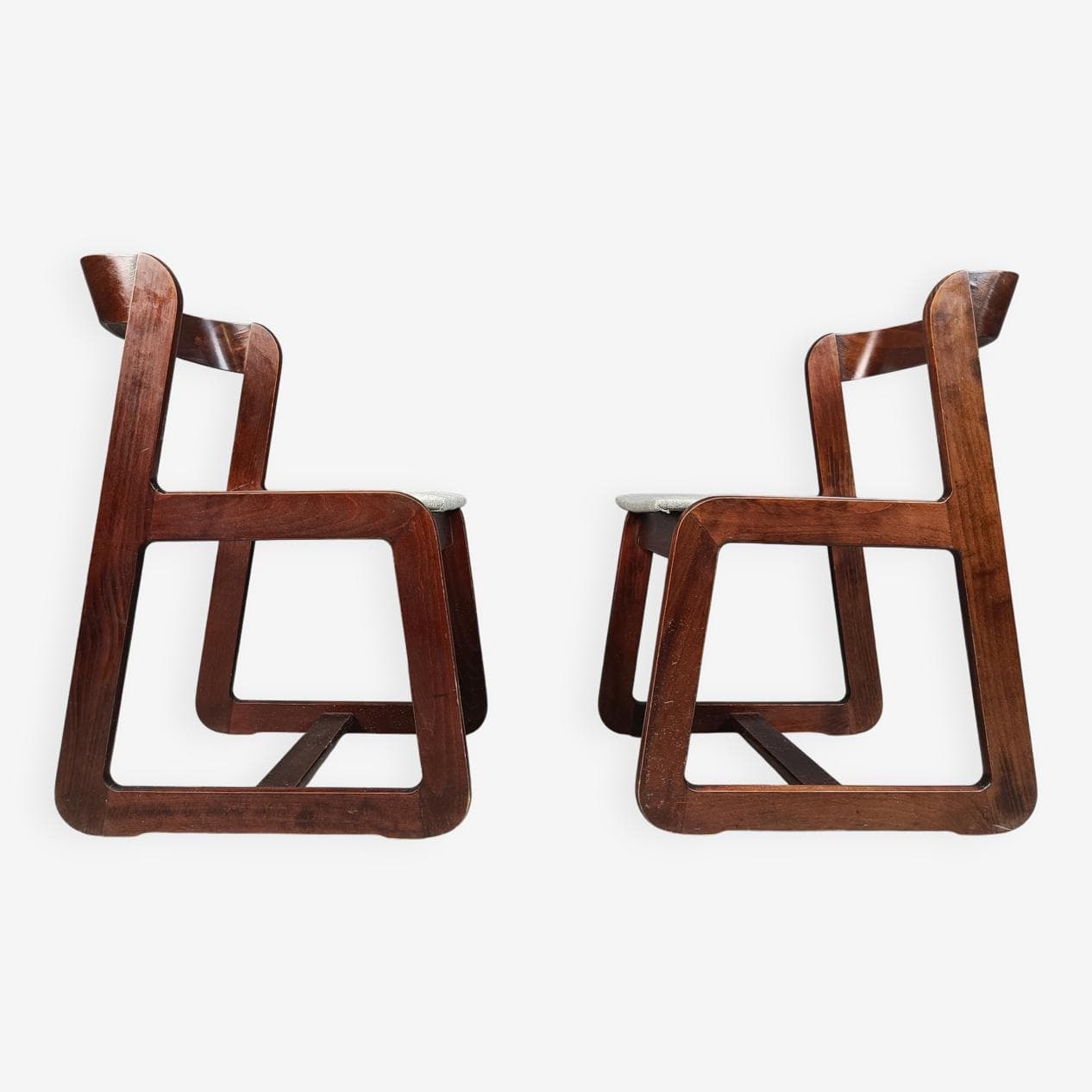 Set of six dining chairs, brown wood, light grey fabric, by M. Sabot, Italy, 1970s. - 267061