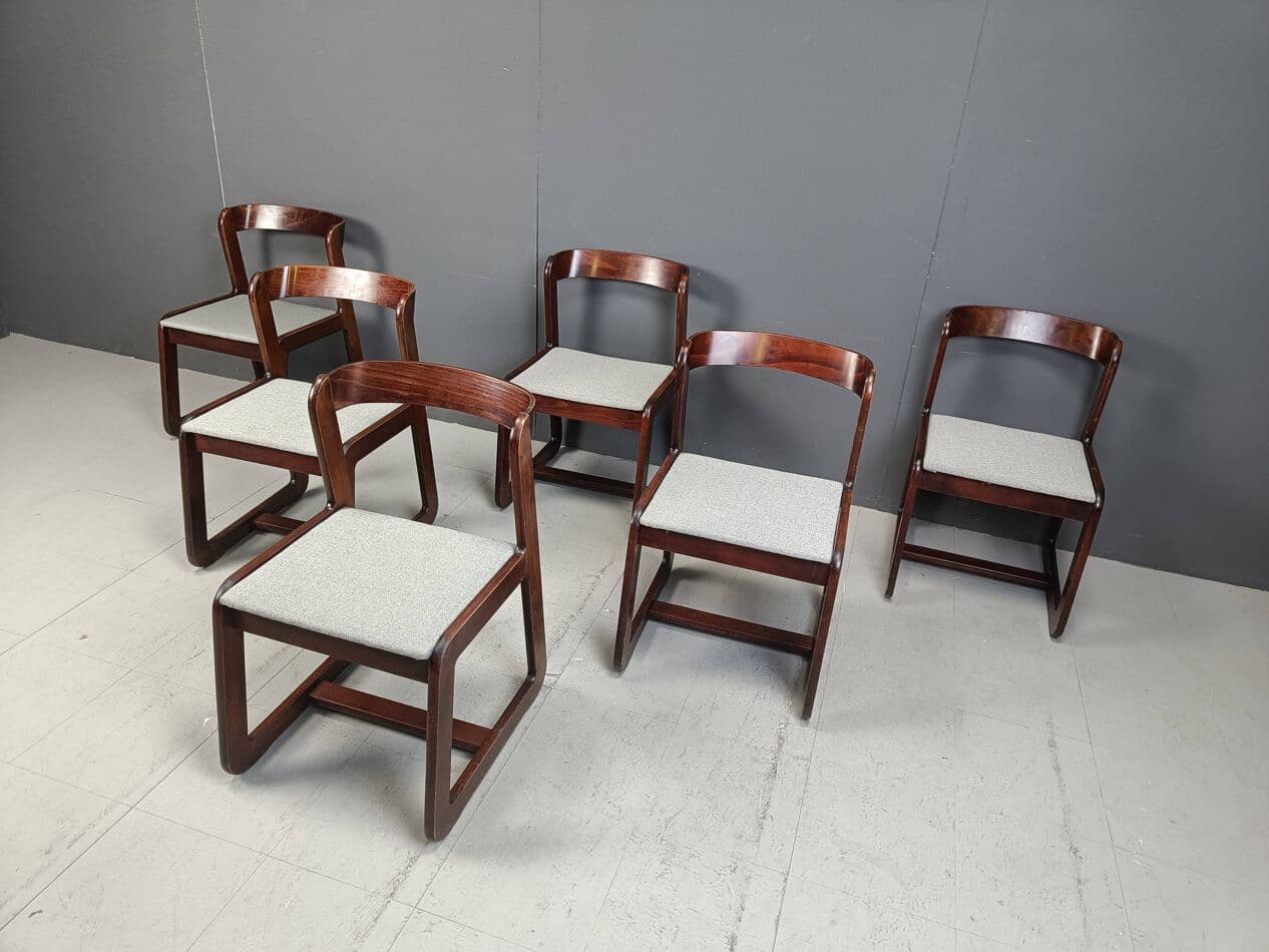 Set of six dining chairs, brown wood, light grey fabric, by M. Sabot, Italy, 1970s. - 267066