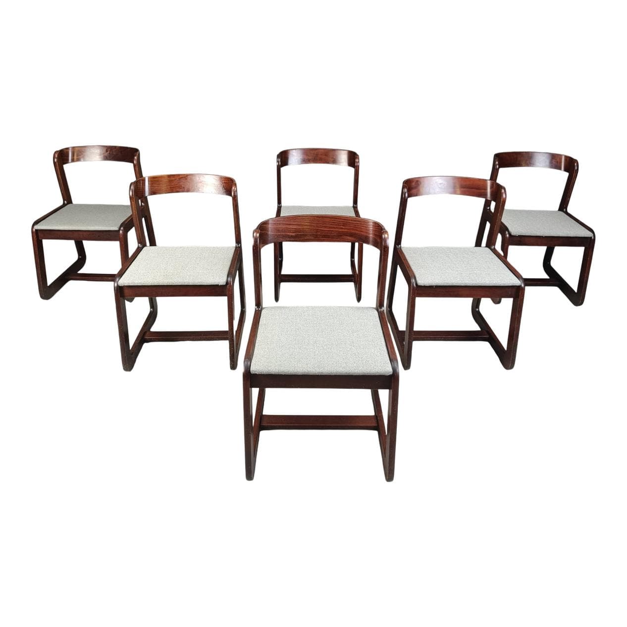 Set of six dining chairs, brown wood, light grey fabric, by M. Sabot, Italy, 1970s.