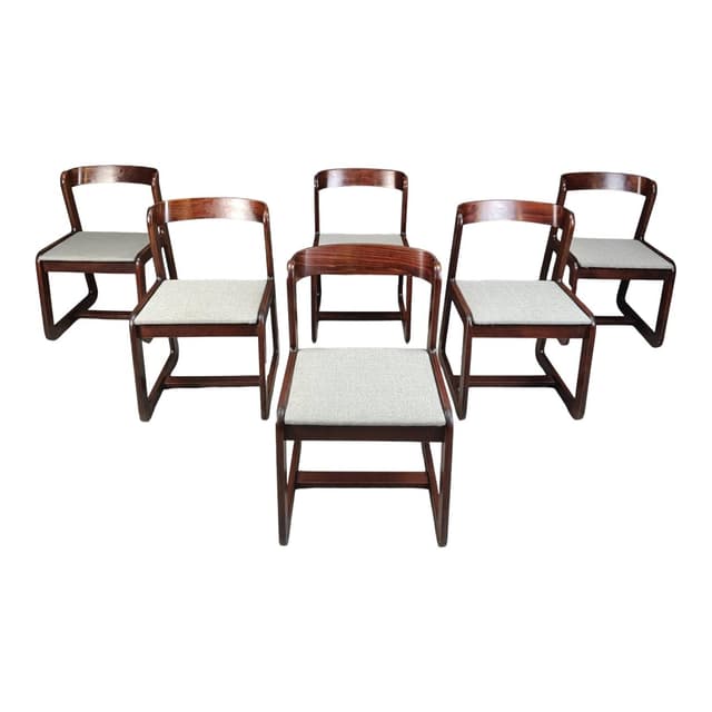 Set of six dining chairs, brown wood, light grey fabric, by M. Sabot, Italy, 1970s. - DIMENSION