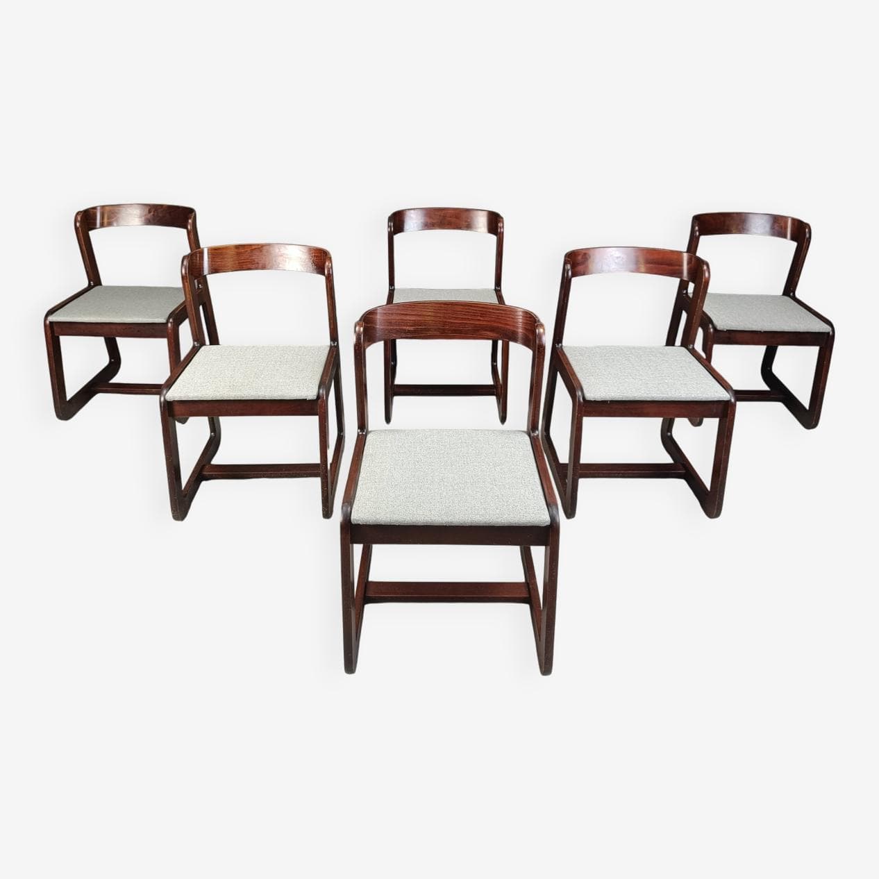 Set of six dining chairs, brown wood, light grey fabric, by M. Sabot, Italy, 1970s. - 267062