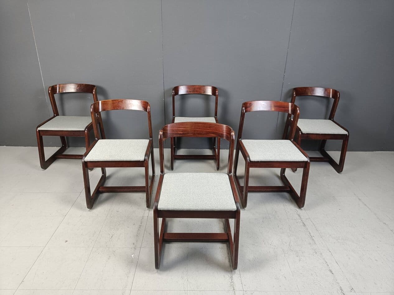 Set of six dining chairs, brown wood, light grey fabric, by M. Sabot, Italy, 1970s. - 267063