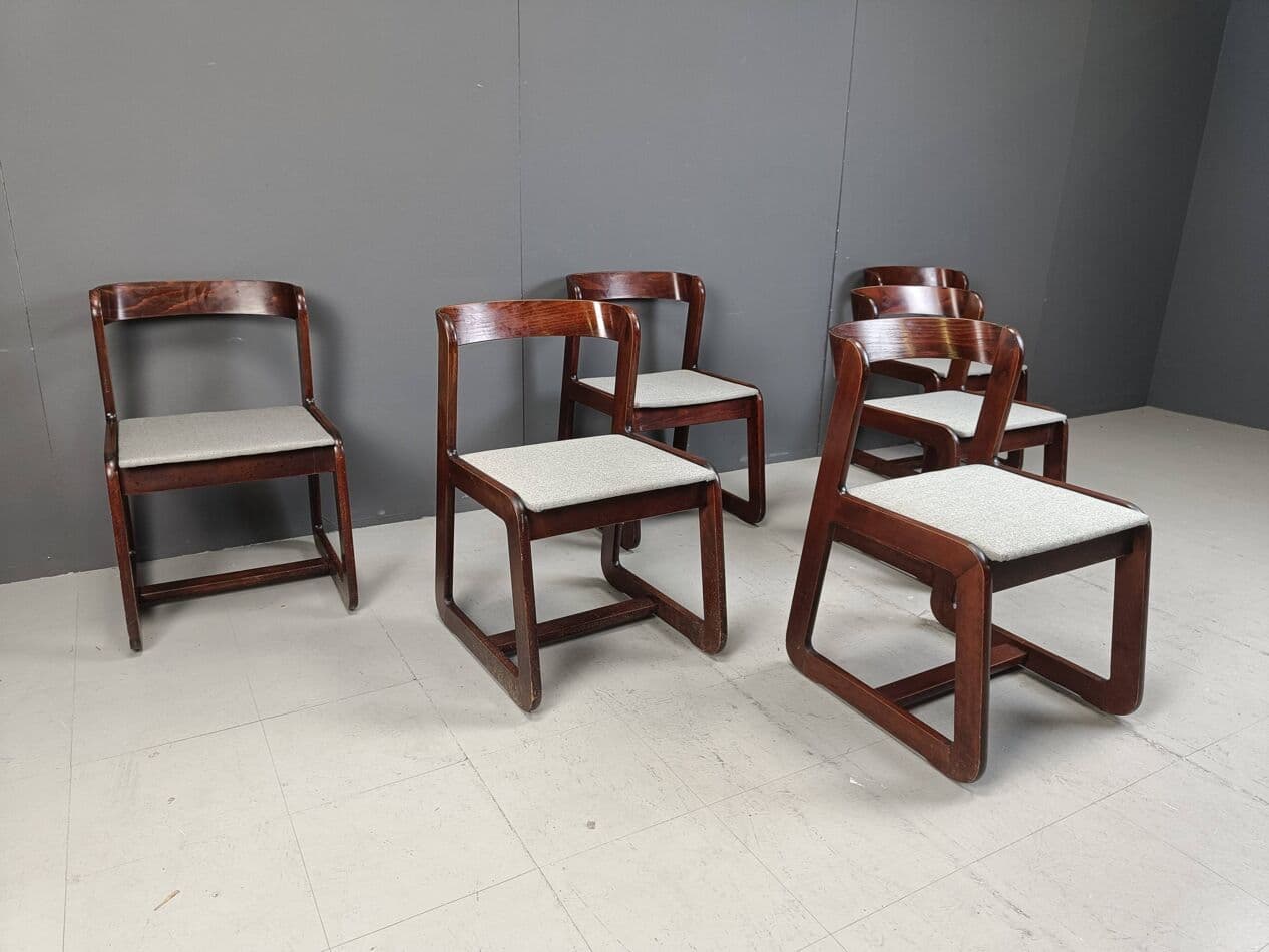 Set of six dining chairs, brown wood, light grey fabric, by M. Sabot, Italy, 1970s. - 267067