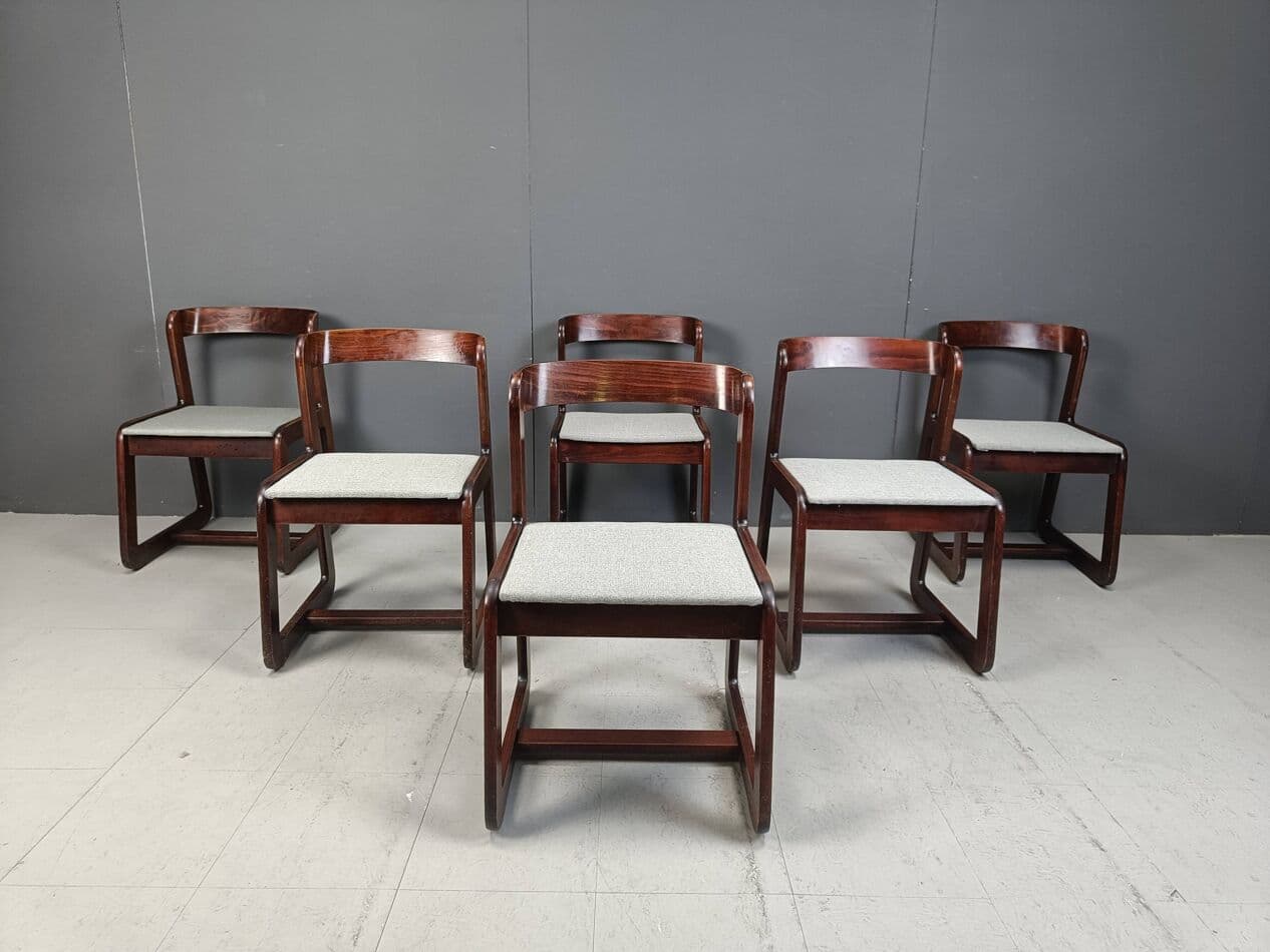 Set of six dining chairs, brown wood, light grey fabric, by M. Sabot, Italy, 1970s. - 267064
