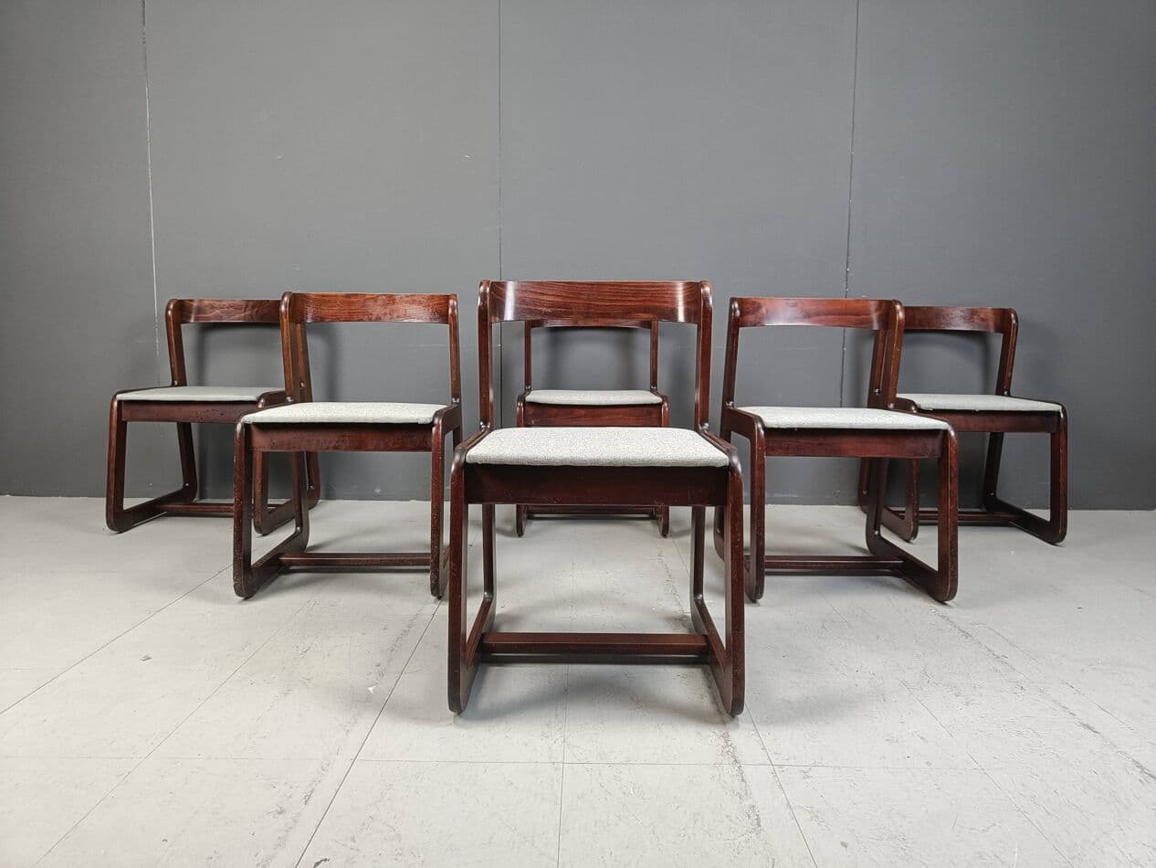 Set of six dining chairs, brown wood, light grey fabric, by M. Sabot, Italy, 1970s. - 267065