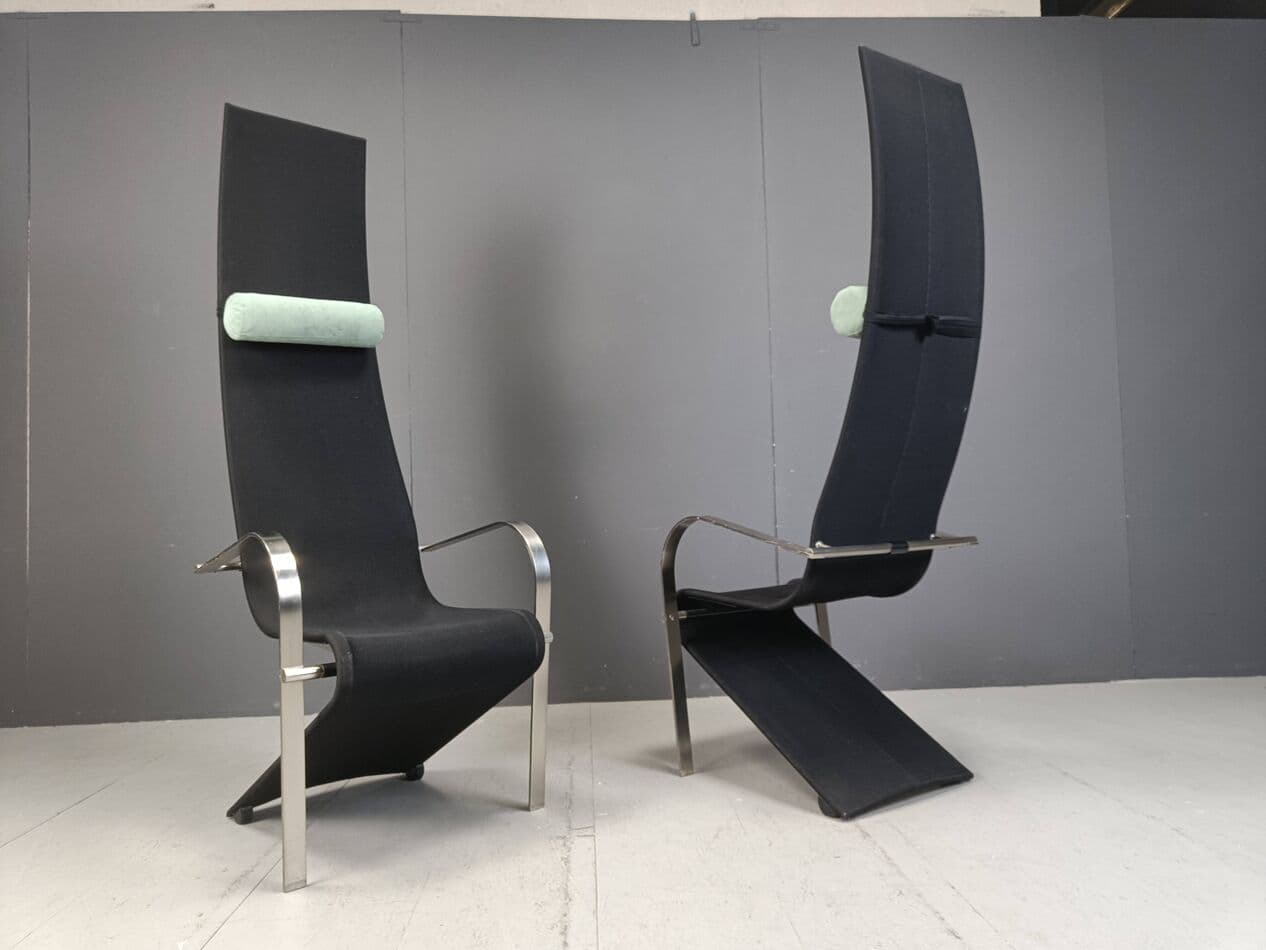 Set of Six King Chairs, black fabric, silver stainless steel, Belgochrom, Belgium, 1970s - 267057
