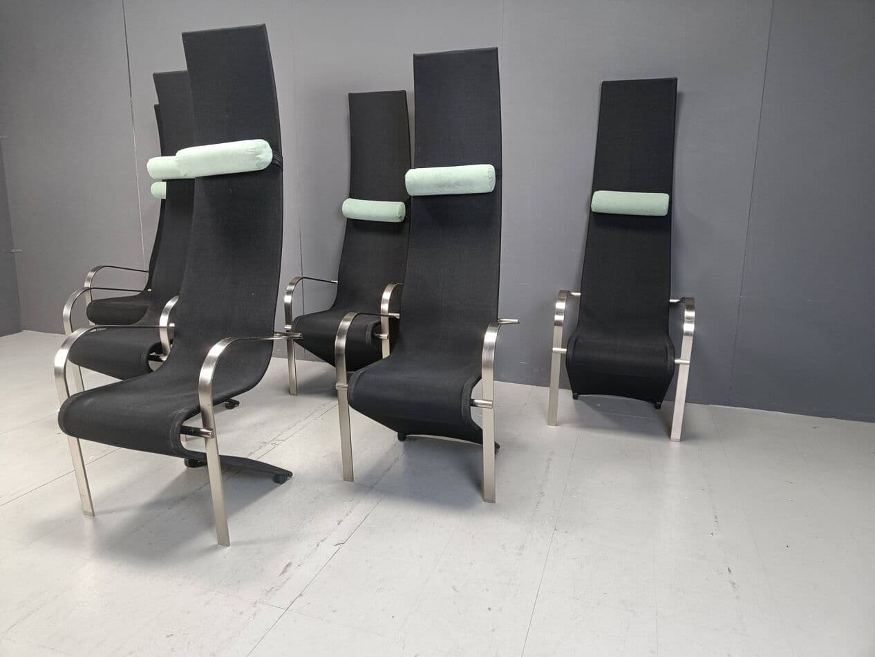Set of Six King Chairs, black fabric, silver stainless steel, Belgochrom, Belgium, 1970s - 267053
