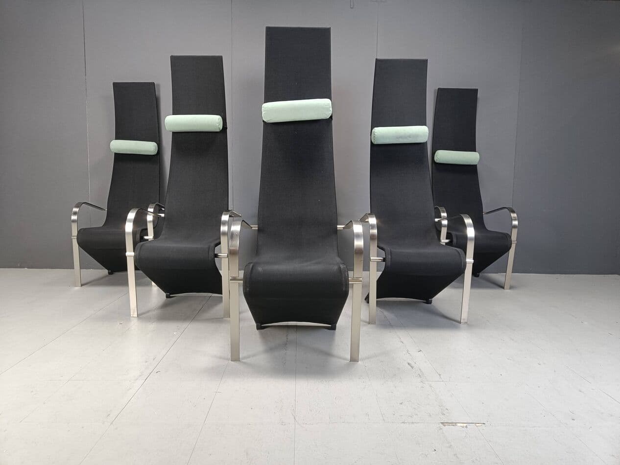 Set of Six King Chairs, black fabric, silver stainless steel, Belgochrom, Belgium, 1970s - 267052