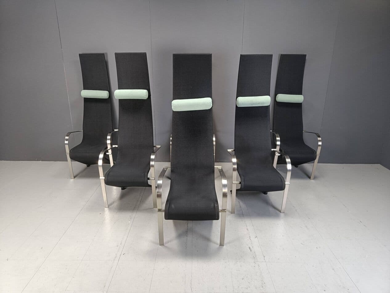 Set of Six King Chairs, black fabric, silver stainless steel, Belgochrom, Belgium, 1970s - 267059
