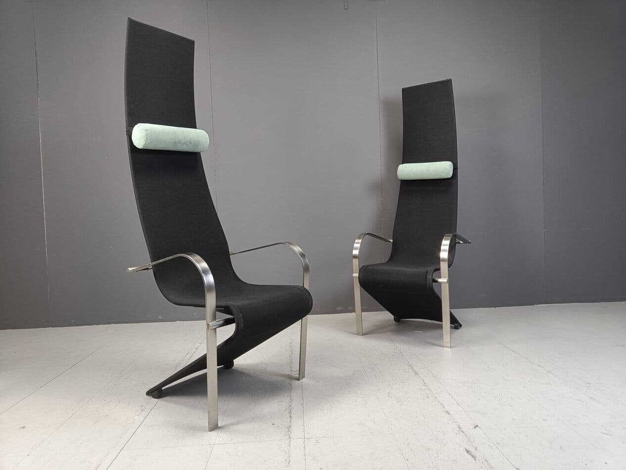 Set of Six King Chairs, black fabric, silver stainless steel, Belgochrom, Belgium, 1970s - 267055