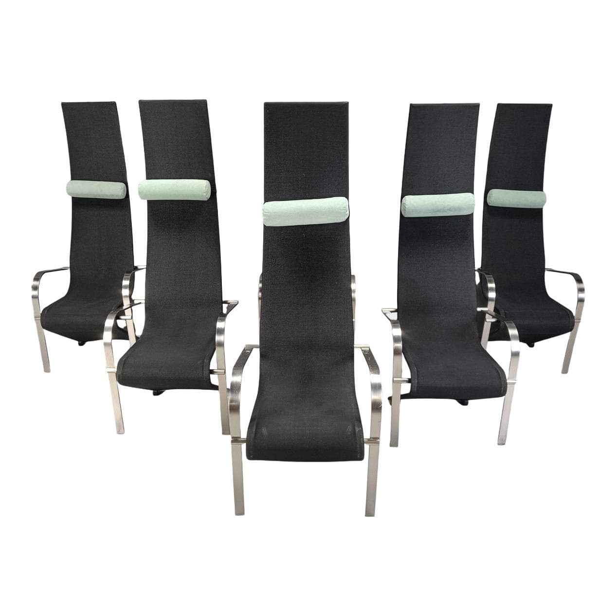 Set of Six King Chairs, black fabric, silver stainless steel, Belgochrom, Belgium, 1970s