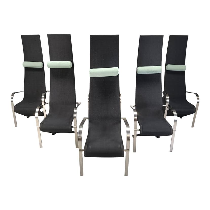 Set of Six King Chairs, black fabric, silver stainless steel, Belgochrom, Belgium, 1970s