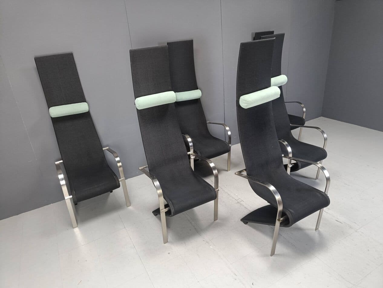 Set of Six King Chairs, black fabric, silver stainless steel, Belgochrom, Belgium, 1970s - 267054