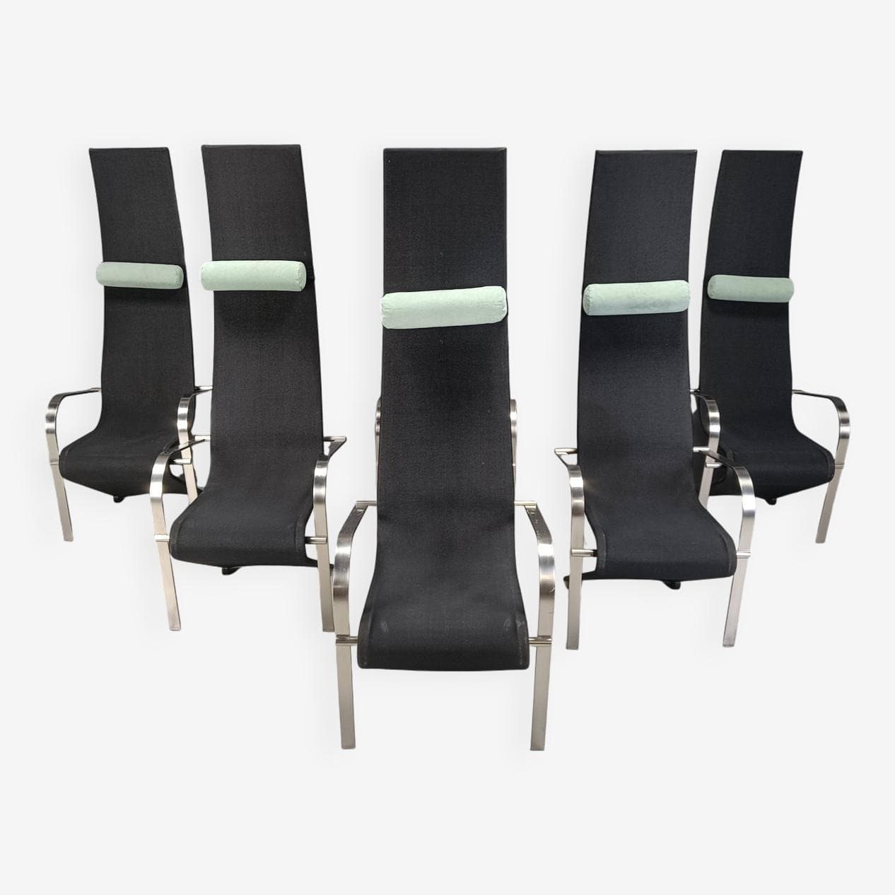 Set of Six King Chairs, black fabric, silver stainless steel, Belgochrom, Belgium, 1970s - 267051