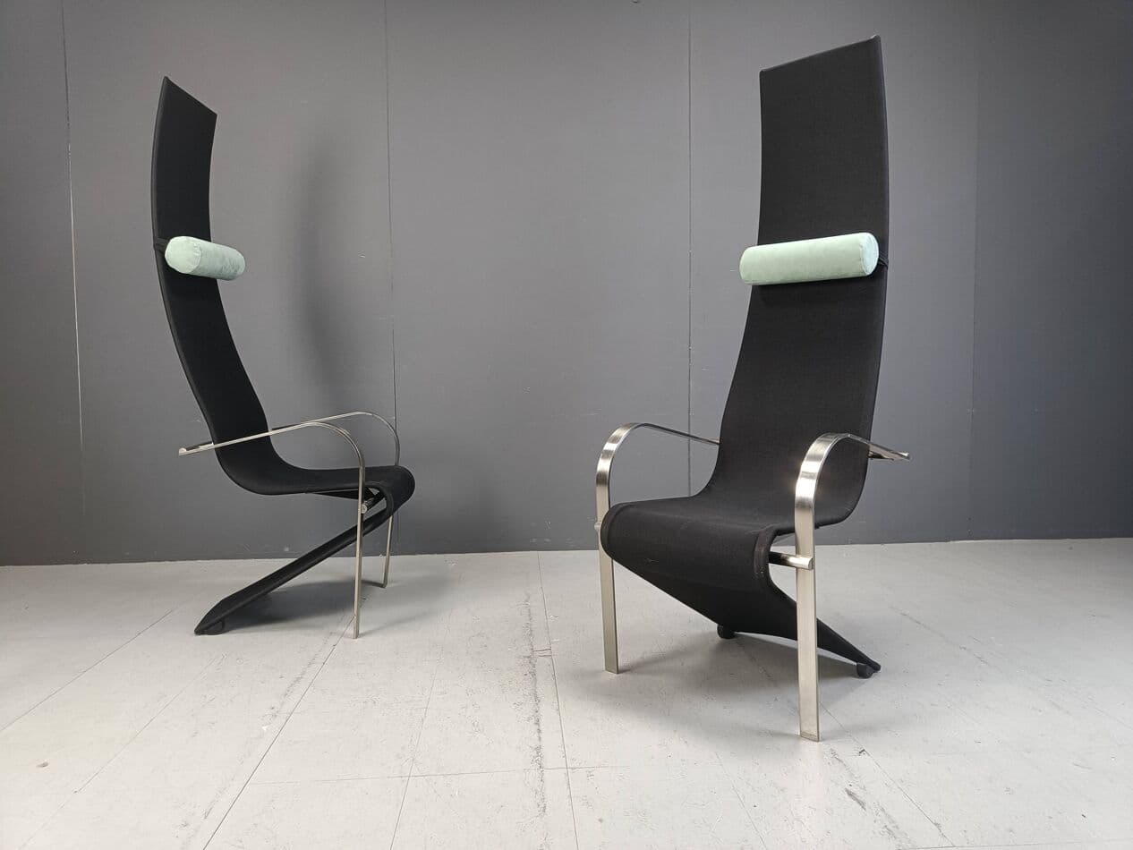 Set of Six King Chairs, black fabric, silver stainless steel, Belgochrom, Belgium, 1970s - 267058