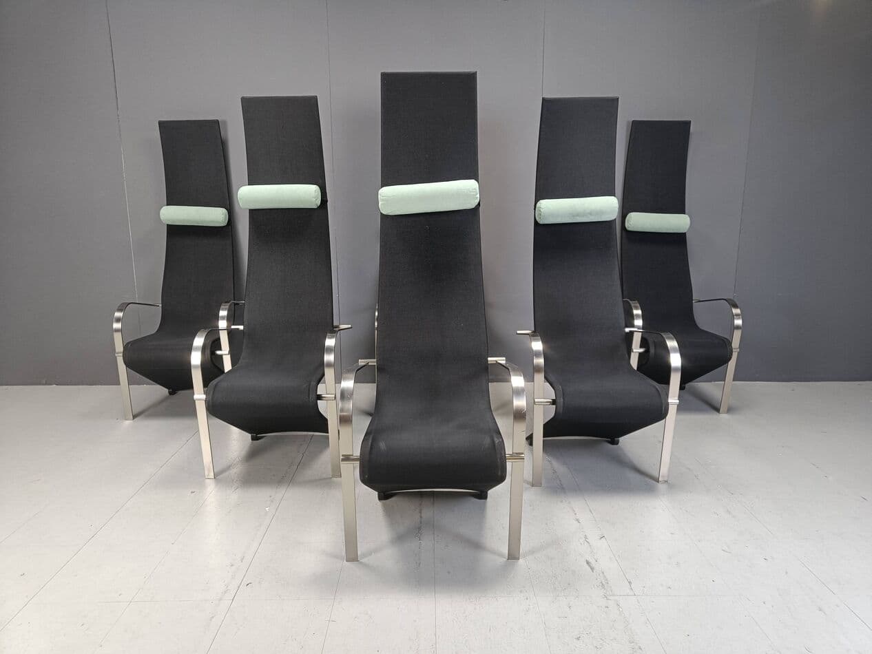 Set of Six King Chairs, black fabric, silver stainless steel, Belgochrom, Belgium, 1970s - 267050