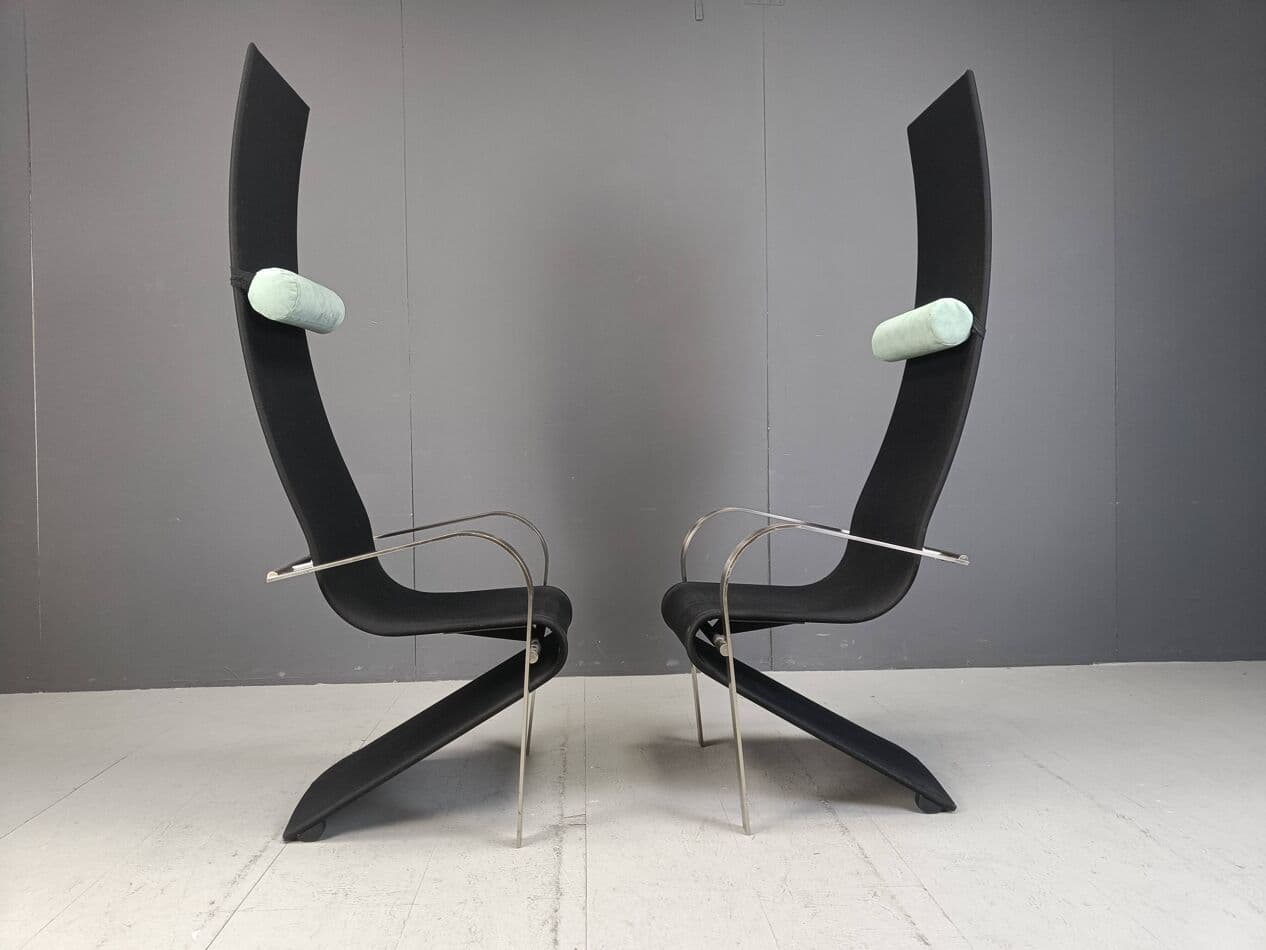 Set of Six King Chairs, black fabric, silver stainless steel, Belgochrom, Belgium, 1970s - 267056