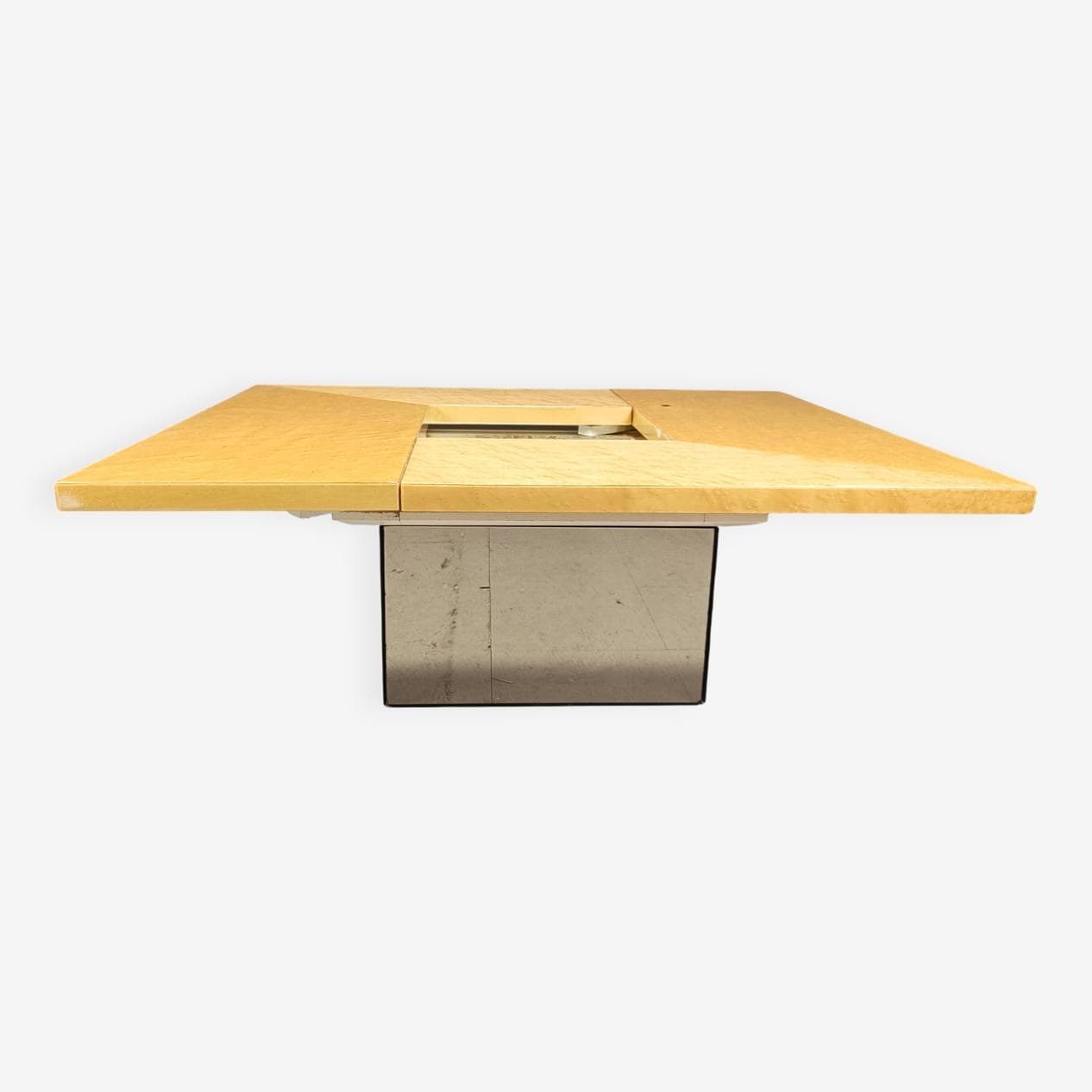 Coffee table, beige ash, mirrored glass, plexiglass, by P. Michel, France, 1970s. - 267040