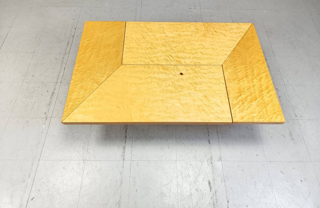 Coffee table, beige ash, mirrored glass, plexiglass, by P. Michel, France, 1970s. - 267041