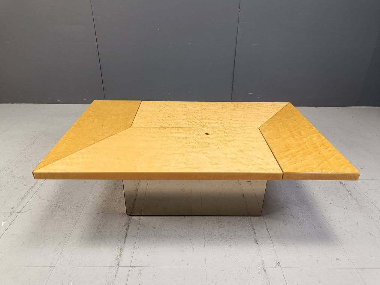 Coffee table, beige ash, mirrored glass, plexiglass, by P. Michel, France, 1970s. - 267042