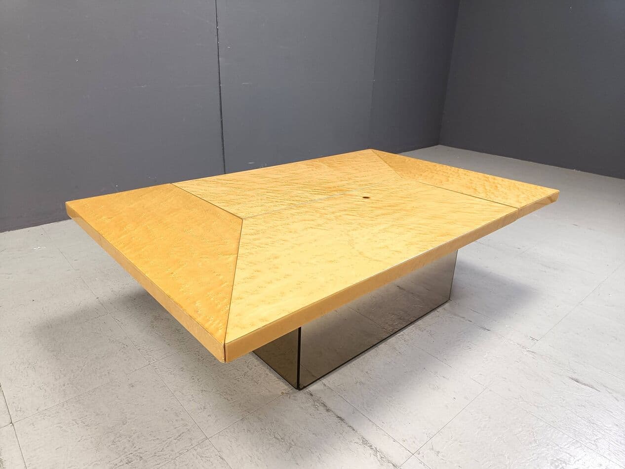 Coffee table, beige ash, mirrored glass, plexiglass, by P. Michel, France, 1970s. - 267046