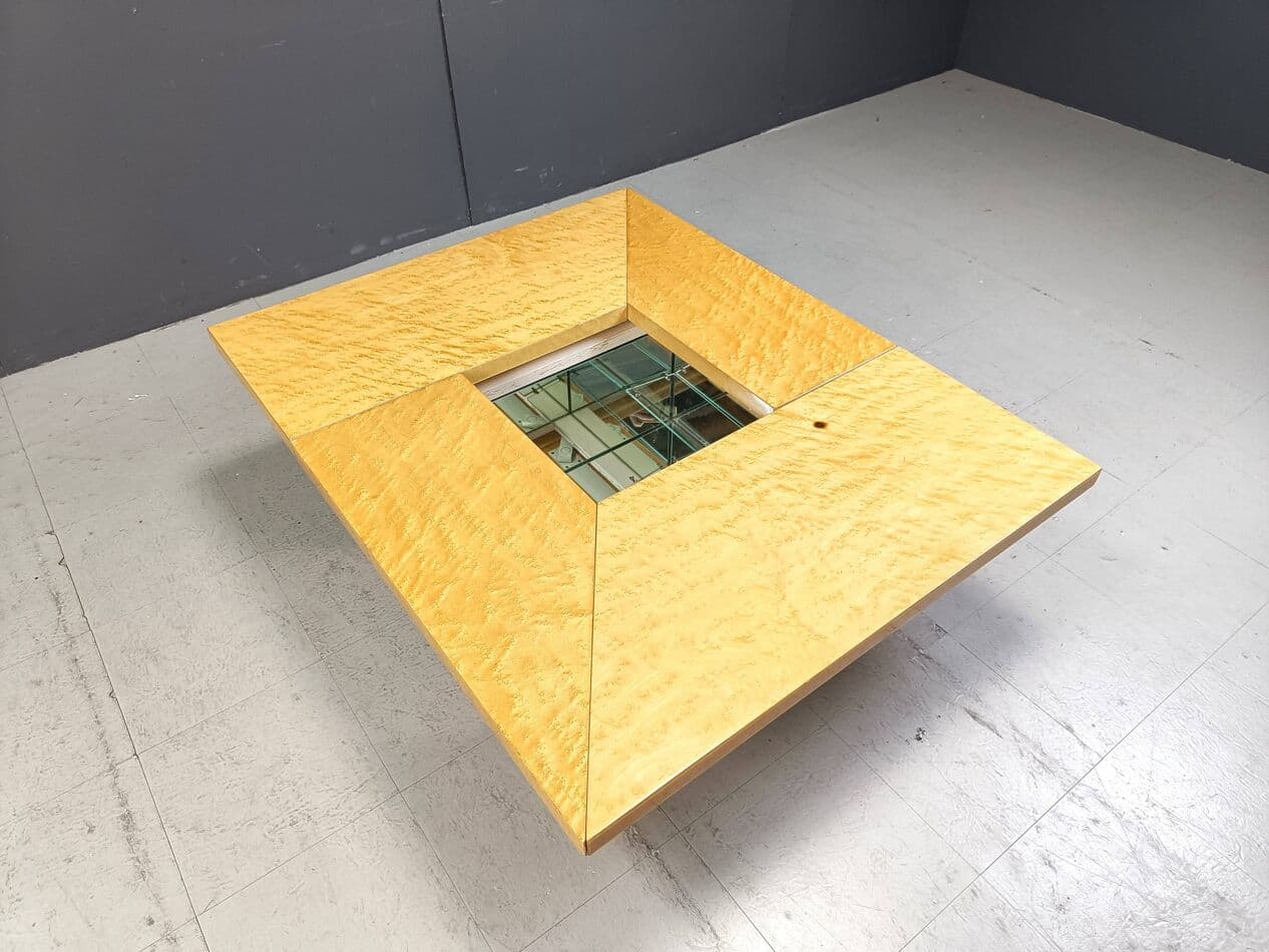 Coffee table, beige ash, mirrored glass, plexiglass, by P. Michel, France, 1970s. - 267047