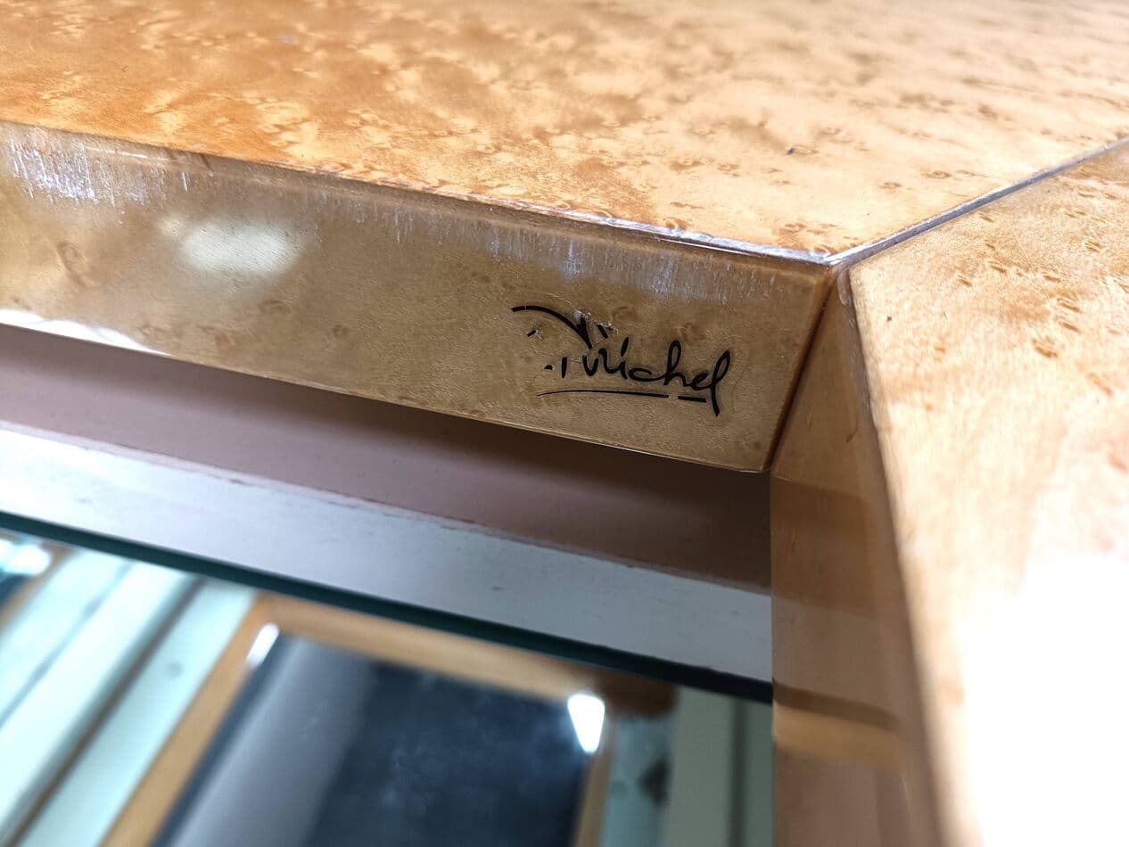 Coffee table, beige ash, mirrored glass, plexiglass, by P. Michel, France, 1970s. - 267048