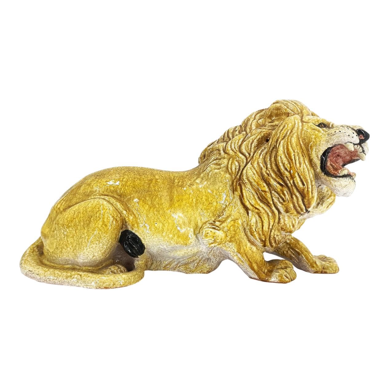 Rzeźba lwa, żółty, terakota szkliwiona, Włochy, lata 70.